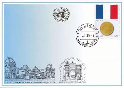 UNO GENF 2007 Mi-Nr. Blaue Karte - blue card  mit Erinnerungsstempel PARIS