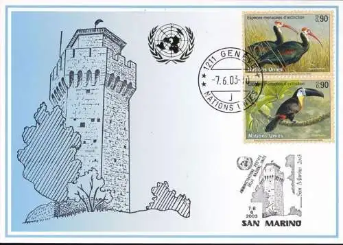 UNO GENF 2003 Mi-Nr. 341 Blaue Karte - blue card  mit Erinnerungsstempel SAN MARINO