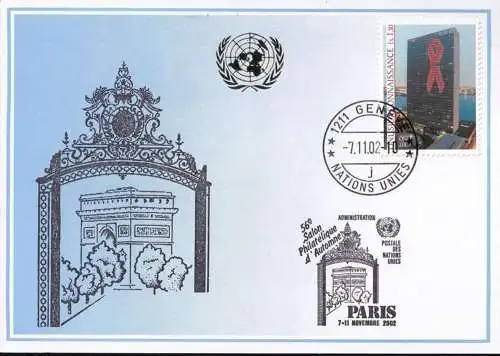 UNO GENF 2002 Mi-Nr. 336 Blaue Karte - blue card  mit Erinnerungsstempel PARIS