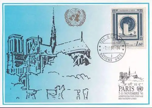 UNO GENF 1991 Mi-Nr. 223 Blaue Karte - blue card  mit Erinnerungsstempel PARIS