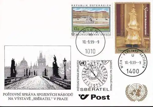 UNO WIEN 1999 Mi-Nr. 201 WEISSE KARTE - SBERATEL PRAG MISCHFRANKATUR 10.09.1999