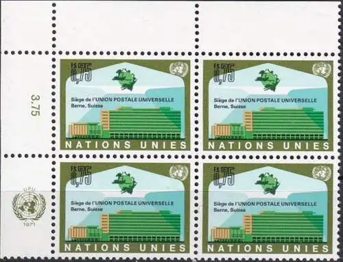 UNO GENF 1971 Mi-Nr. 18 Eckrand-Viererblock ** MNH