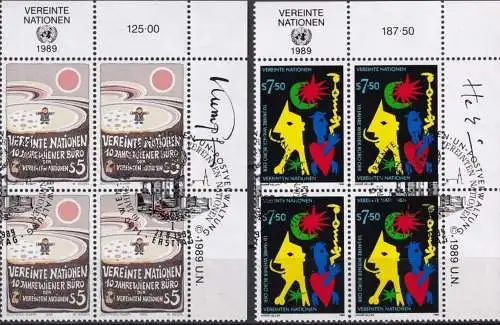 UNO WIEN 1989 Mi-Nr. 94/95 Eckrand-Viererblocks o used - aus Abo