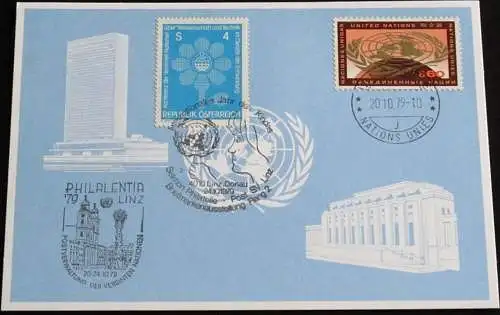 UNO GENF 1979 Mi-Nr. 82 Blaue Karte - blue card mit Erinnerungsstempel PHILALENTIA 79 LINZ