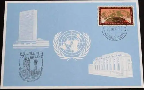 UNO GENF 1979 Mi-Nr. 82 Blaue Karte - blue card mit Erinnerungsstempel PHILALENTIA 79 LINZ