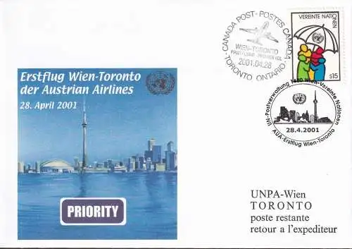 UNO WIEN 2001 Erstflug Wien - Toronto Brief