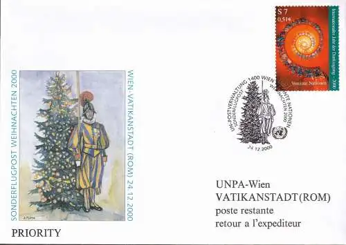 UNO WIEN 2000 Sonderflugpost Weihnachten 2000 Wien - Vatikanstadt Brief