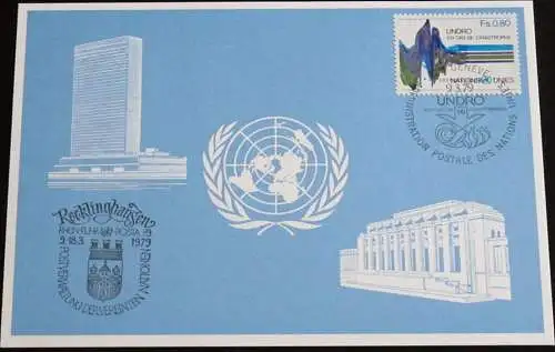 UNO GENF 1979 Mi-Nr. 75 Blaue Karte - blue card mit Erinnerungsstempel RHEIN-RUHR POSTA 79 RECKLINGHAUSEN