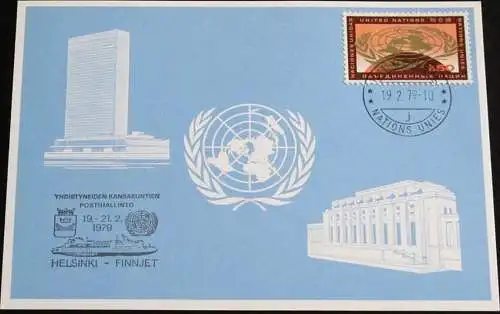 UNO GENF 1979 Mi-Nr. 74 Blaue Karte - blue card mit Erinnerungsstempel HELSINKI - FINNJET