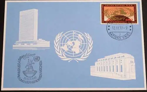 UNO GENF 1977 Mi-Nr. 58 Blaue Karte - blue card mit Erinnerungsstempel DÜSSELDORF