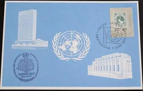 UNO GENF 1977 Mi-Nr. 49 Blaue Karte - blue card mit Erinnerungsstempel AMSTERDAM