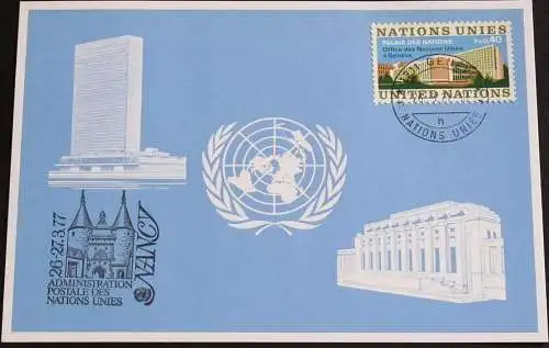 UNO GENF 1977 Mi-Nr. 46 Blaue Karte - blue card mit Erinnerungsstempel NANCY