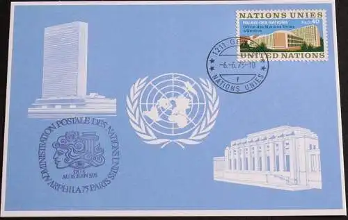 UNO GENF 1975 Mi-Nr. 20 Blaue Karte - blue card mit Erinnerungsstempel PARIS