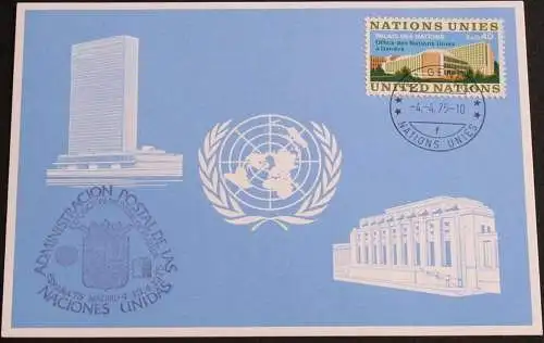 UNO GENF 1975 Mi-Nr. 14 Blaue Karte - blue card mit Erinnerungsstempel MADRID