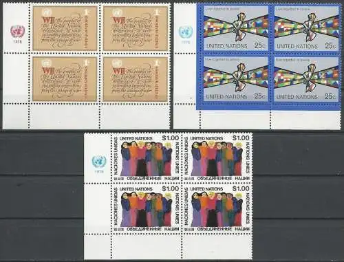 UNO NEW YORK 1978 Mi-Nr. 315/17 Eckrand-Viererblocks ** MNH