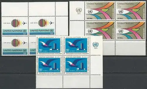 UNO NEW YORK 1974 Mi-Nr. 272/74 Eckrand-Viererblocks ** MNH