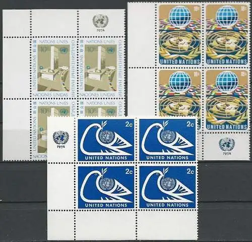 UNO NEW YORK 1974 Mi-Nr. 269/71 Eckrand-Viererblocks ** MNH