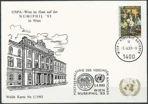 UNO WIEN 1993 Mi-Nr. 129 WEISSE KARTE - NUMISPHIL WIEN 03.04.1993