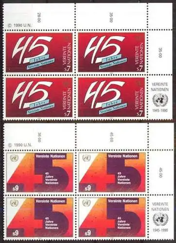 UNO WIEN 1990 Mi-Nr. 104/05 Eckrand-Viererblocks ** MNH