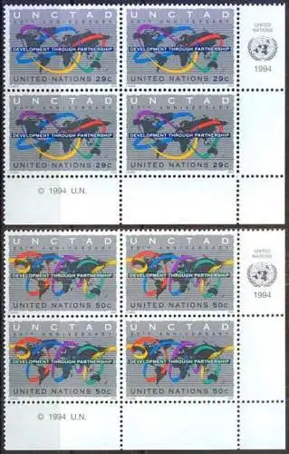 UNO NEW YORK 1994 Mi-Nr. 677/78 Eckrand-Viererblocks ** MNH