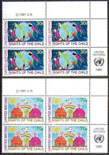 UNO NEW YORK 1991 Mi-Nr. 615/16 Eckrand-Viererblocks ** MNH