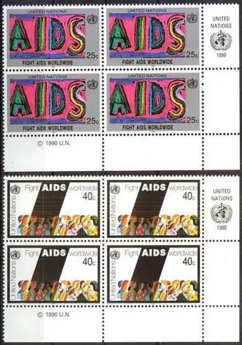 UNO NEW YORK 1990 Mi-Nr. 598/99 Eckrand-Viererblocks ** MNH