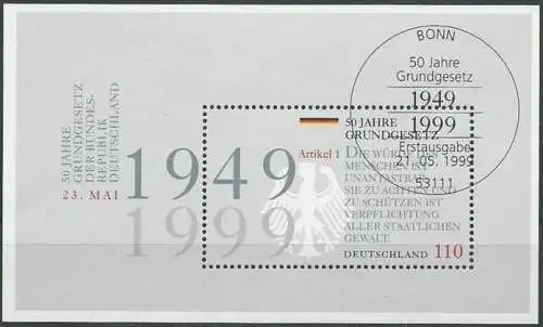 DEUTSCHLAND 1999 Mi-Nr. Block 48 o used - aus Abo