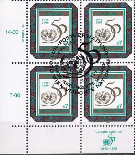 UNO WIEN 1995 Mi-Nr. 178 Eckrand-Viererblock o used - aus Abo