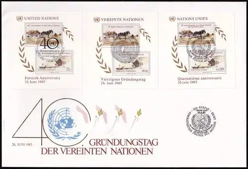 UNO NEW YORK - WIEN - GENF 1985 TRIO-FDC 40 Jahre Vereinte Nationen