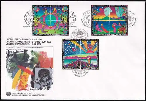 UNO NEW YORK - WIEN - GENF 1992 mit Genf Einkreisstempel TRIO-FDC Umweltgipfel