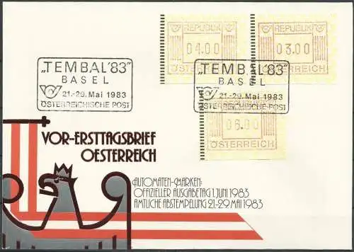 ÖSTERREICH 1983 Mi-Nr. ATM 1 Satz 1 Automatenmarken FDC Frühverwendung Trembal '83