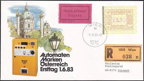 ÖSTERREICH 1983 Mi-Nr. ATM 1 Automatenmarken auf Einschreibe/Eilboten-FDC