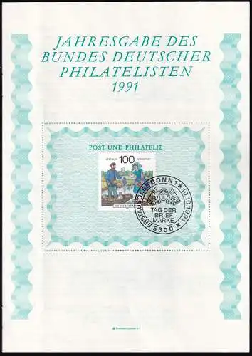 DEUTSCHLAND 1991 Mi-Nr. 1570 auf Jahresgabe des Bundes Deutscher Philatelisten