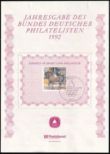 DEUTSCHLAND 1992 Mi-Nr. 1594 auf Jahresgabe des Bundes Deutscher Philatelisten