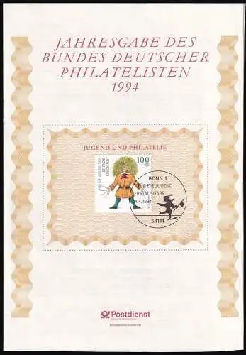 DEUTSCHLAND 1994 Mi-Nr. 1728 auf Jahresgabe des Bundes Deutscher Philatelisten