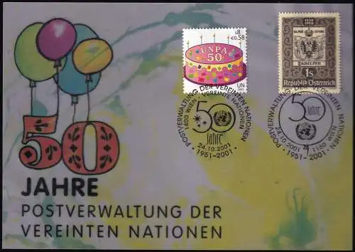 UNO WIEN 2001 Mi-Nr. 433 mit Österreich auf Kunststoff-Karte 50 Jahre Postverwaltungen der UN