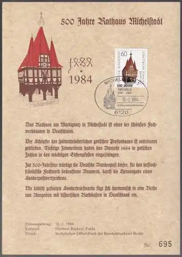 DEUTSCHLAND 1984 Mi-Nr. 1200 auf Gedenkblatt 500 Jahre Rathaus Michelstadt