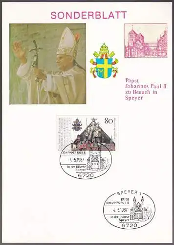 DEUTSCHLAND 1987 Mi-Nr. 1320 auf Gedenkblatt Papst Besuch in Speyer 1987