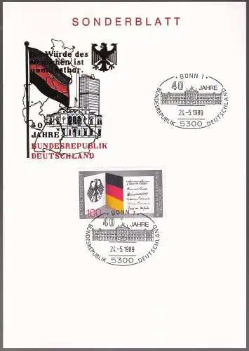 DEUTSCHLAND 1989 Mi-Nr. 1421 auf Gedenkblatt/Sonderblatt 40 Jahre Bundesrepublik Deutschland