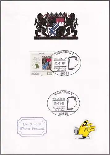 DEUTSCHLAND 1992 Mi-Nr. 1587 auf Gedenkblatt/Sonderblatt Gruß vom Wies'n Postamt 1994