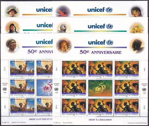 UNO NEW YORK - WIEN - GENF 1996 50 Jahre UNICEF 6 Kleinbogen ** MNH