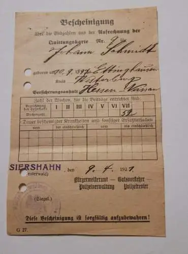 Bescheinigung 1931 - Siershahn