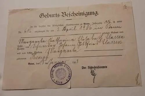 Geburts Bescheinigung - Bonn - 1913