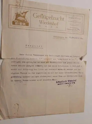 Zeugnis - geflügelzucht Wiedenhof 1920