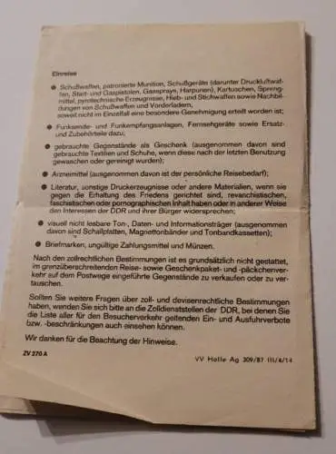 Hinweise über einige zoll und devisenrechtliche Bestimmungen der DDR