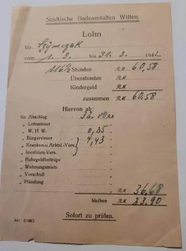 Städtische Badeanstalten Witten - Lohnabrechnung - 1942