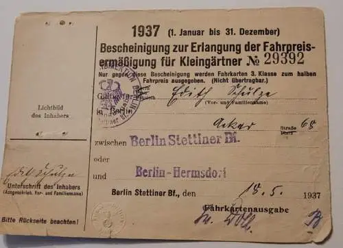 Bescheinigung zur Erlangung der Fahrpreisermäßigung für Kleingärtner - 1937