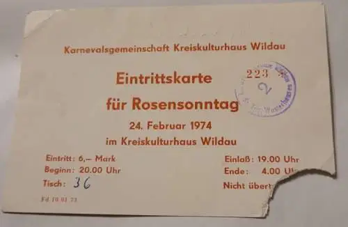 Eintrittskarte für Rosensonntag 1974 Wildau