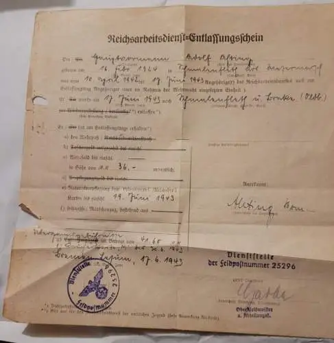 Reichsarbeitsdienst Entlassungsschein Gemeinde Övelgönne 1943