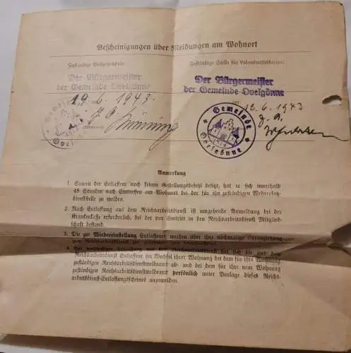 Reichsarbeitsdienst Entlassungsschein Gemeinde Övelgönne 1943